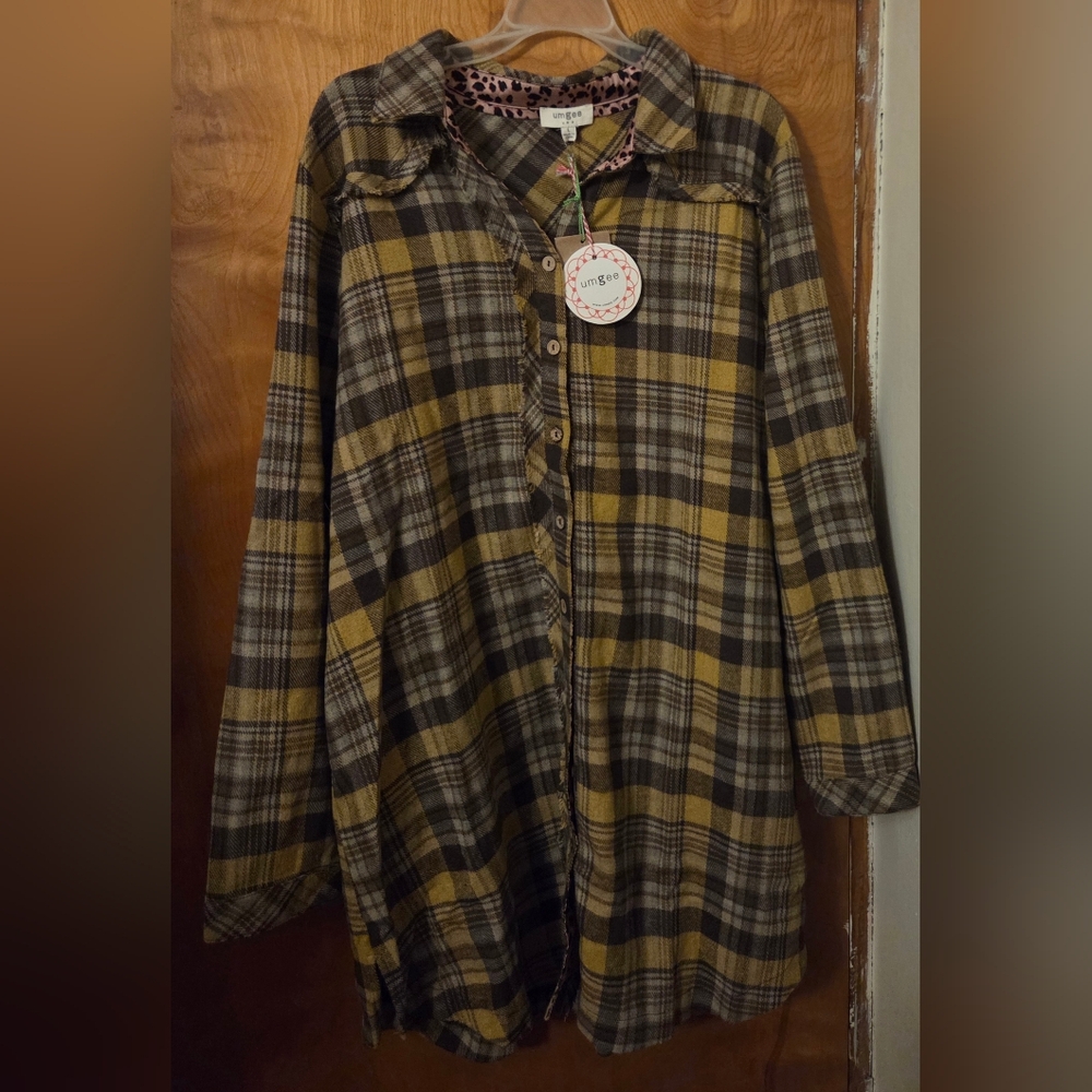 Umgee Yellow and Brown Plaid Shirt Dress, Size Large